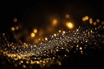 Gold glitter defocused twinkly lights on black background. generative ai