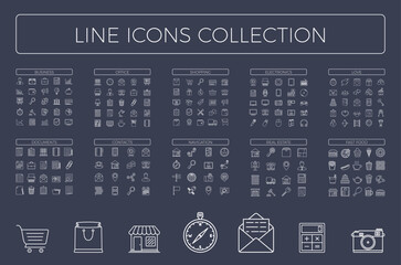 Big set of line icons with different themes - business, office, contacts, love and others