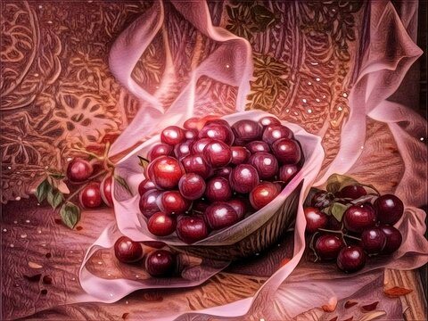 Red currant in a glass bowl. Art painting of red grapes and red fabric background. Beautiful picture of red grapes.