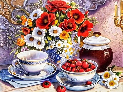 Cup of tea and flowers. Painting of Berries, Flowers and Cup of Tea. Beautiful picture of fruits and cup on a table.