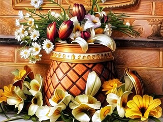 Still life with flowers and jug. Close up. Art paintings of baskets and flowers. Beautiful picture of flowers and basket with wood background.