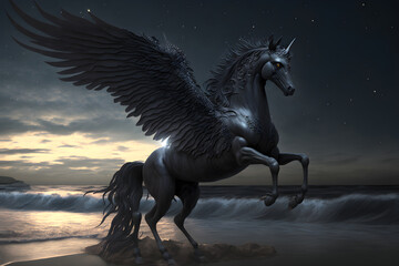 Obraz na płótnie Canvas Breathtaking black Pegasus with star glittering wings comes out of the sea to the beach