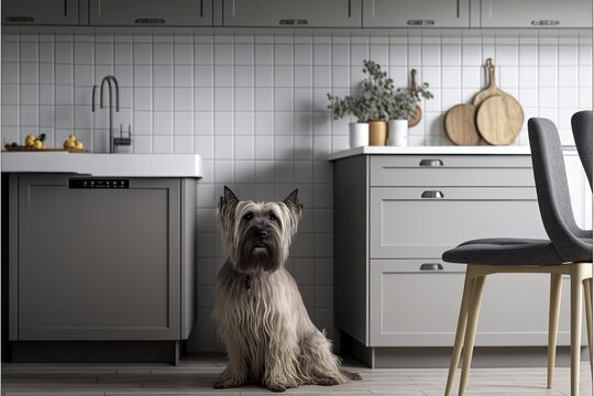 Minimalist Modern Kitchen with Clean White, Gray, Wheat, and Oak Tones - Ultra High Resolution Photo with a Cute Little Griffon Dog Sitting for Inspiration and Love