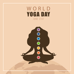 World yoga day poster. Female silhouette with chakras. June 21st. Banner, social media post or brochure design. Vector illustration in flat cartoon style.