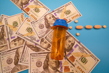 Fototapeta na wymiar Opioid crisis drugs pills prescription medication and money