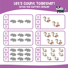 Let’s counting the animals together and circle the number on the worksheet. Educational printable math worksheet for kids. Math game for children. Vector illustration.