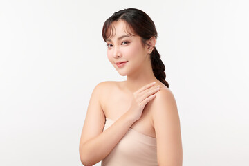 Obraz premium Beautiful young asian woman with clean fresh skin on white background, Face care, Facial treatment, Cosmetology, beauty and spa, Asian women portrait.