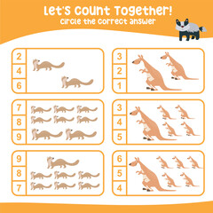 Let’s counting the animals together and circle the number on the worksheet. Educational printable math worksheet for kids. Math game for children. Vector illustration.