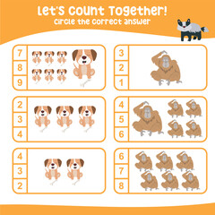 Let’s counting the animals together and circle the number on the worksheet. Educational printable math worksheet for kids. Math game for children. Vector illustration.