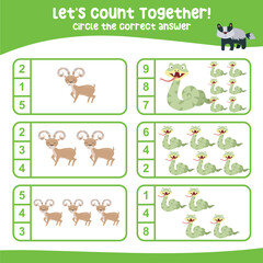 Let’s counting the animals together and circle the number on the worksheet. Educational printable math worksheet for kids. Math game for children. Vector illustration.