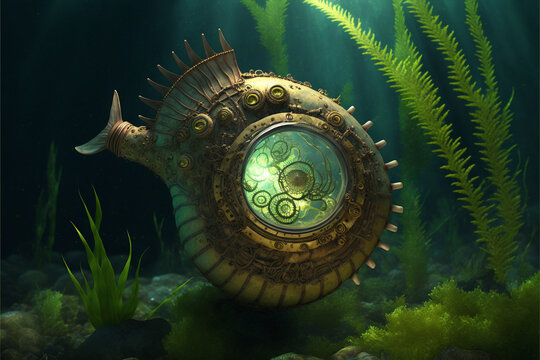 Nautilus Steampunk Shell underwater with Glowing from Inside ~ Created with Generative AI