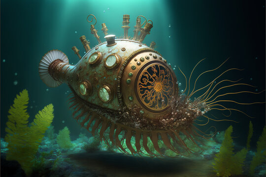 Underwater Scene of a Nautilus Steampunk Style ~ Created with Generative AI