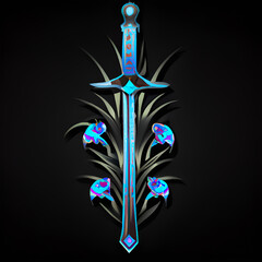 sword flower icon, fantasy badge, emblem, black background, tatoo style, generative ai