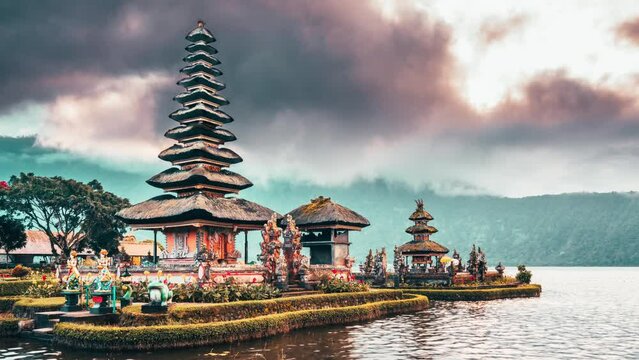 Ulun Danu Beratan Temple in Bali - Bali's Iconic Lake Temple, is both a famous picturesque landmark and a significant temple complex on the western side of Beratan Lake. Bali, Indonesia 4K Time lapse