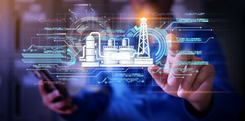 Engineer using Artificial Intelligence AI to collect data analytic for industrial management and...