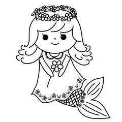 mermaid and flower crown coloring page	
