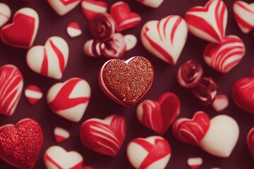 Fototapeta premium Valentine's Day Valentine Chocolate Chocolates Candy Candies Heart Hearts Shape Shaped Love Romantic Red Pink Seamless Texture Pattern Tiled Repeatable Tessellation Background Image 