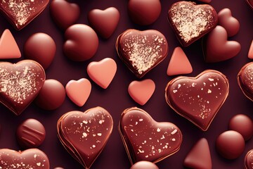 Fototapeta premium Valentine's Day Valentine Chocolate Chocolates Candy Candies Heart Hearts Shape Shaped Love Romantic Red Pink Seamless Texture Pattern Tiled Repeatable Tessellation Background Image 