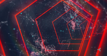 Composite of red neon hexagon tunnel over pink network of connections