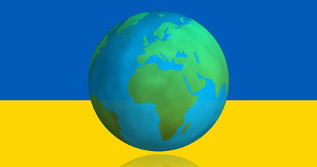 Obraz premium Image of globe over blue and yellow flag of ukraine