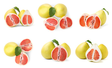 Collage with fresh pomelo fruits on white background