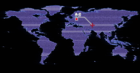 Composition of red cross marker and text over purple map of world on black background