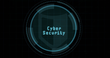 Composition of online security text over shield icon on black background