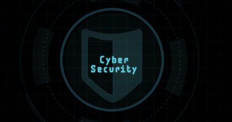 Composition of online security text over shield icon on black background
