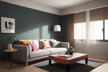 Fototapeta na wymiar modern living room with Green Wall and big Window. generative Ai.