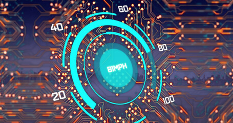 Composition of scope scanning and computer circuit board over cityscape