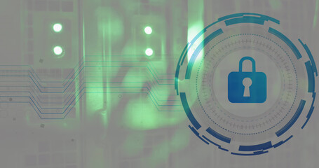 Composite of padlock icon and data processing over computer servers