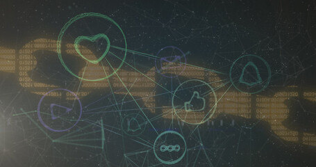 Composition of network of connections with icons over data processing on black background