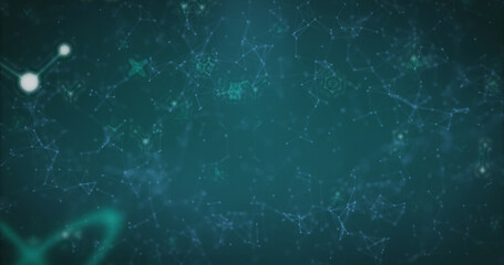 Composition of molecules over network of connections on black background