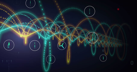 Image of dna strand, icons, data processing and connections on dark background