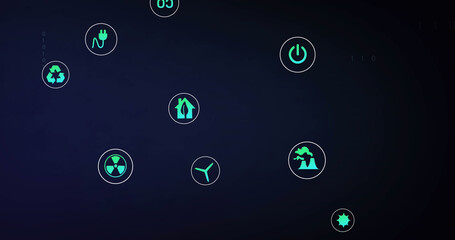 Image of data processing and connections with icons on black background
