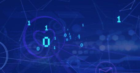 Image of binary coding, data processing and scopes on blue background