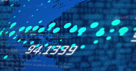 Composition of data processing over world map on black background
