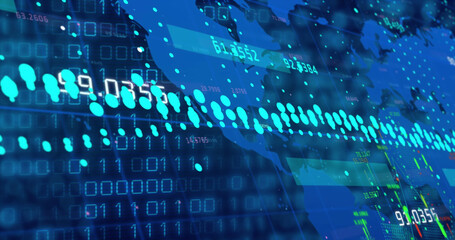 Composition of data processing over world map on black background