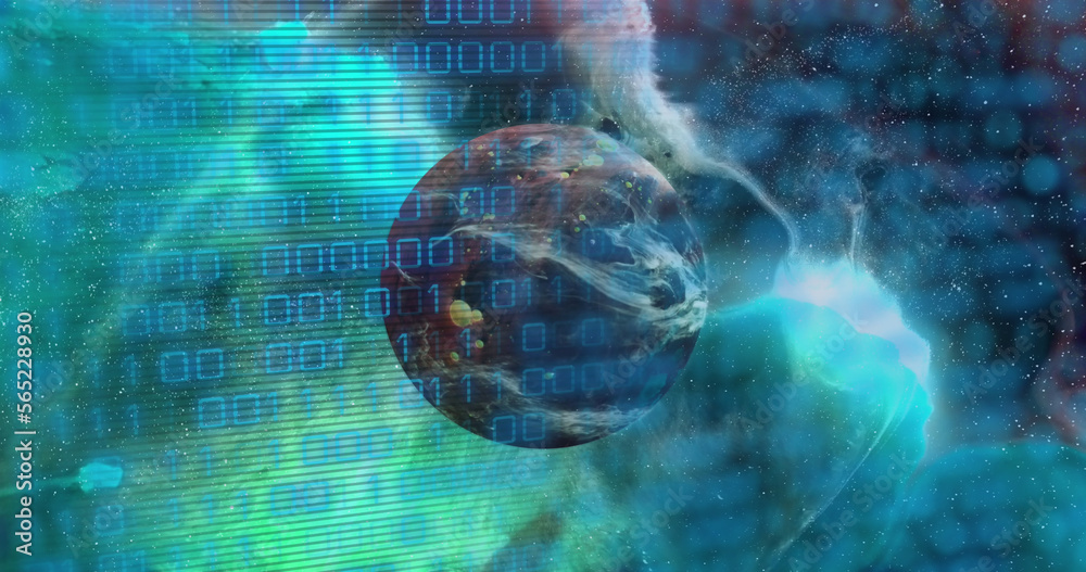 Wall mural image of binary code over brown planet