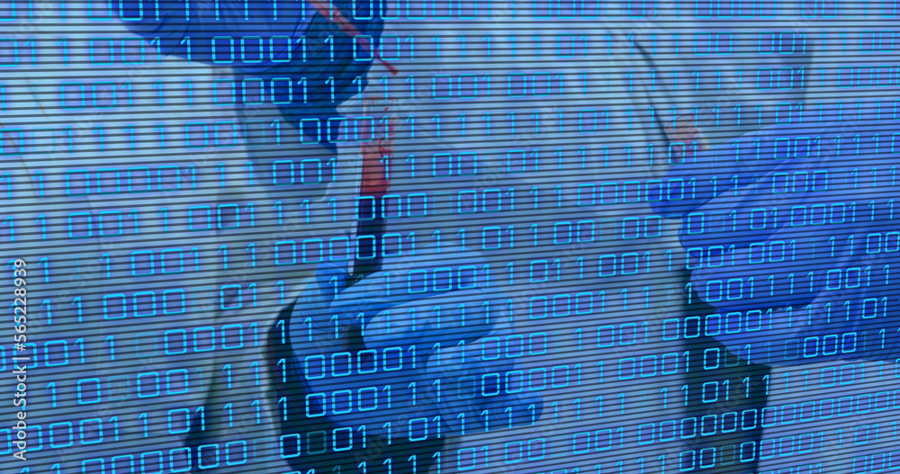 Poster image of binary code over hands of lab workers