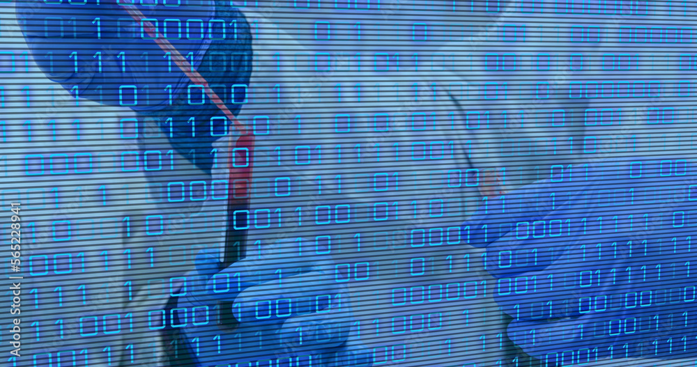 Poster image of binary code over hands of lab workers