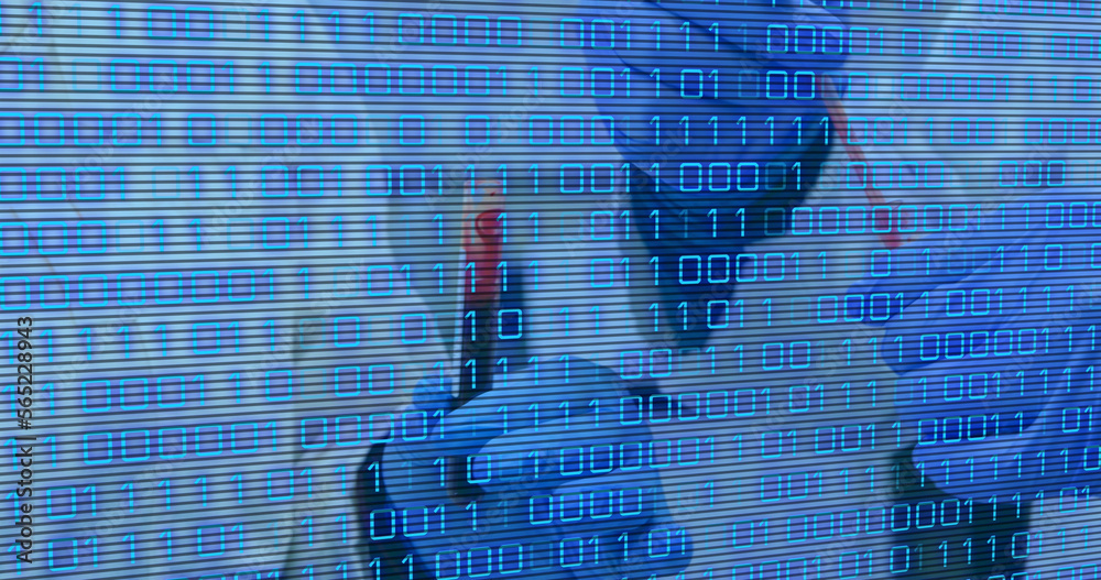 Poster image of binary code over hands of lab workers
