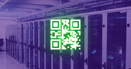 Composition of data processing with qr code over server room - Powered by Adobe