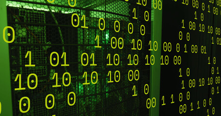 Image of green binary code over servers