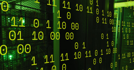 Image of green binary code over servers