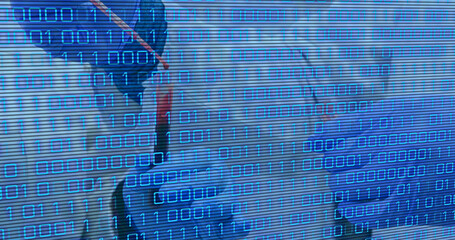 Image of binary code over hands of lab workers