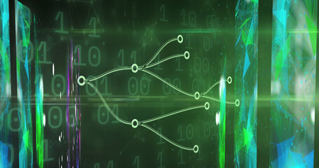 Image of connections over binary code on green background