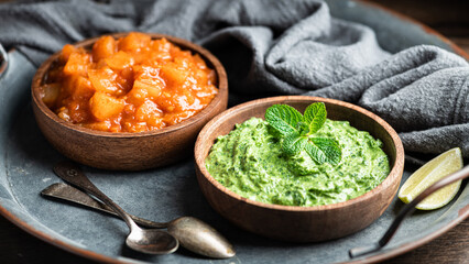 Chutney, traditional dish of indian cuisine, selective focus
