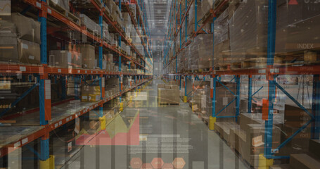 Image of graphs and financial data over warehouse