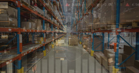 Image of graphs and financial data over warehouse